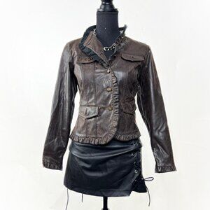 Y2K Brown PU Leather Jacket Pleated Ruby Rd